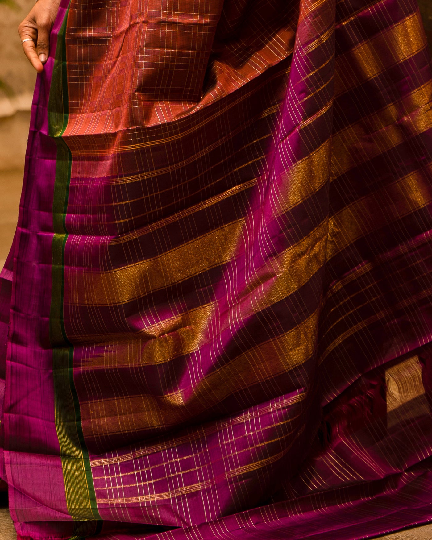 Rust Orange Mat Checks Pure Kanjivaram Silk Sari - Clio Silks