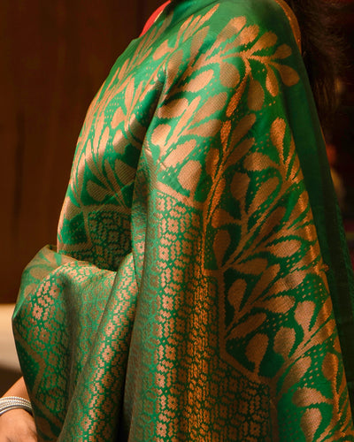 Bottle Green Floral Art Brocade Sik Sari - Clio Silks