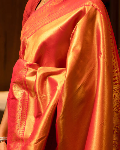 Orangish Red Tissue Art Brocade Kanjivaram Sik Sari - Clio Silks