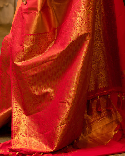 Orangish Red Tissue Art Brocade Kanjivaram Sik Sari - Clio Silks