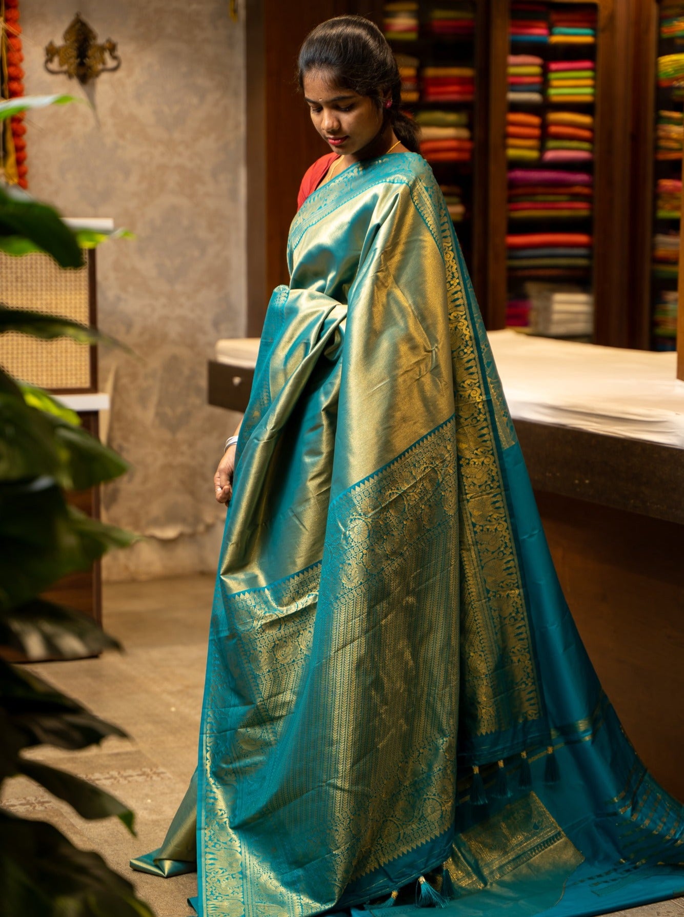 Teal Green Tissue Art Brocade Silk Sari - Clio Silks