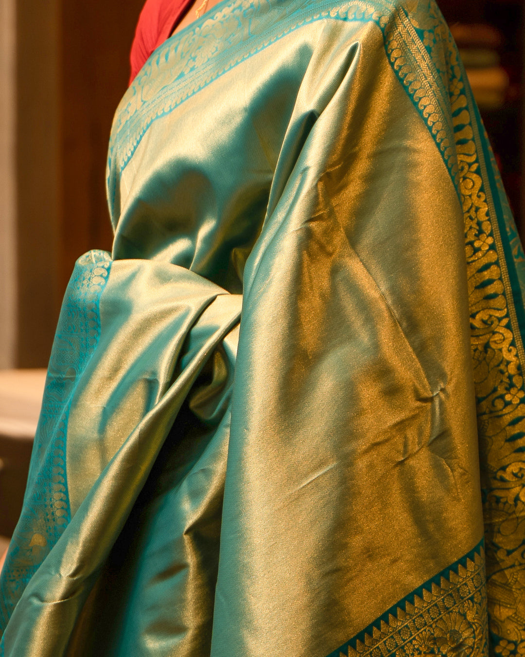 Teal Green Tissue Art Brocade Silk Sari - Clio Silks