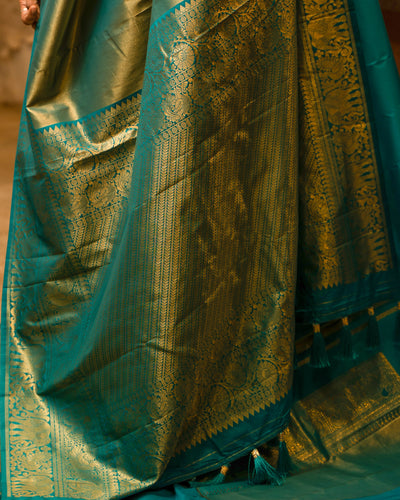 Teal Green Tissue Art Brocade Silk Sari - Clio Silks