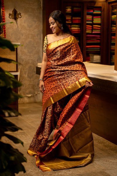 Peach Leopard Pattern Woven Pure Kanjivaram Silk Sari - Clio Silks