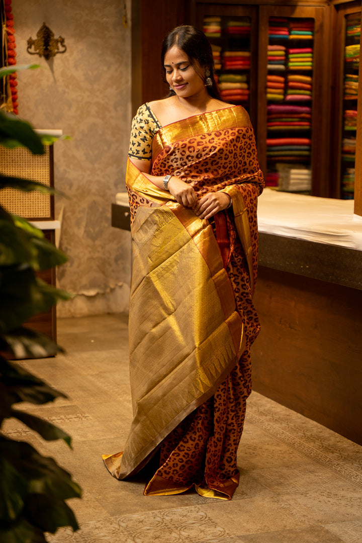 Peach Leopard Pattern Woven Pure Kanjivaram Silk Sari - Clio Silks