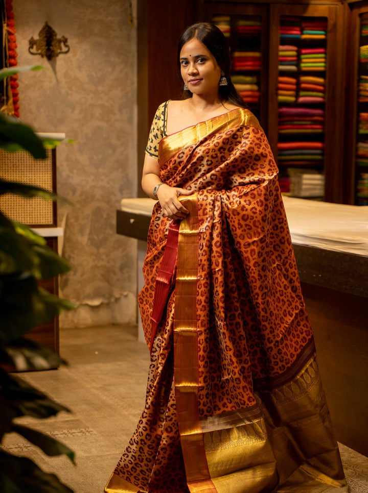 Peach Leopard Pattern Woven Pure Kanjivaram Silk Sari - Clio Silks