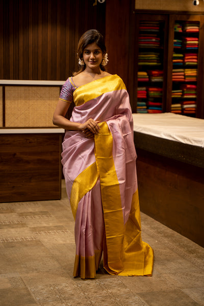 Lilac Vairaoosi and Mustard 8 Kol Pure Kanjivaram Silk Sari - Clio Silks