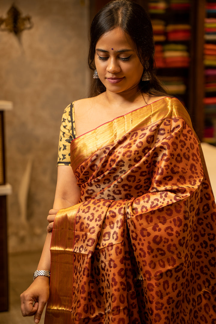 Peach Leopard Pattern Woven Pure Kanjivaram Silk Sari - Clio Silks