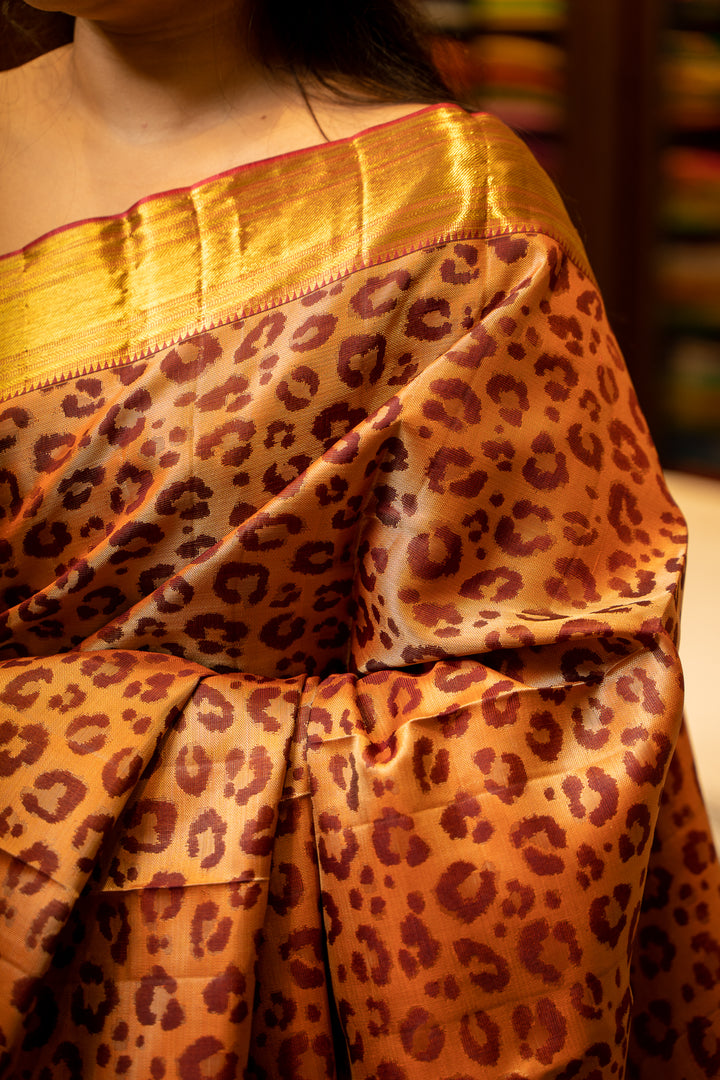Peach Leopard Pattern Woven Pure Kanjivaram Silk Sari - Clio Silks