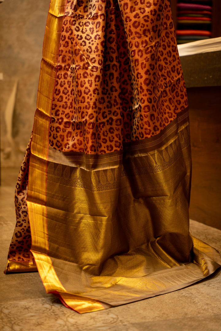 Peach Leopard Pattern Woven Pure Kanjivaram Silk Sari - Clio Silks