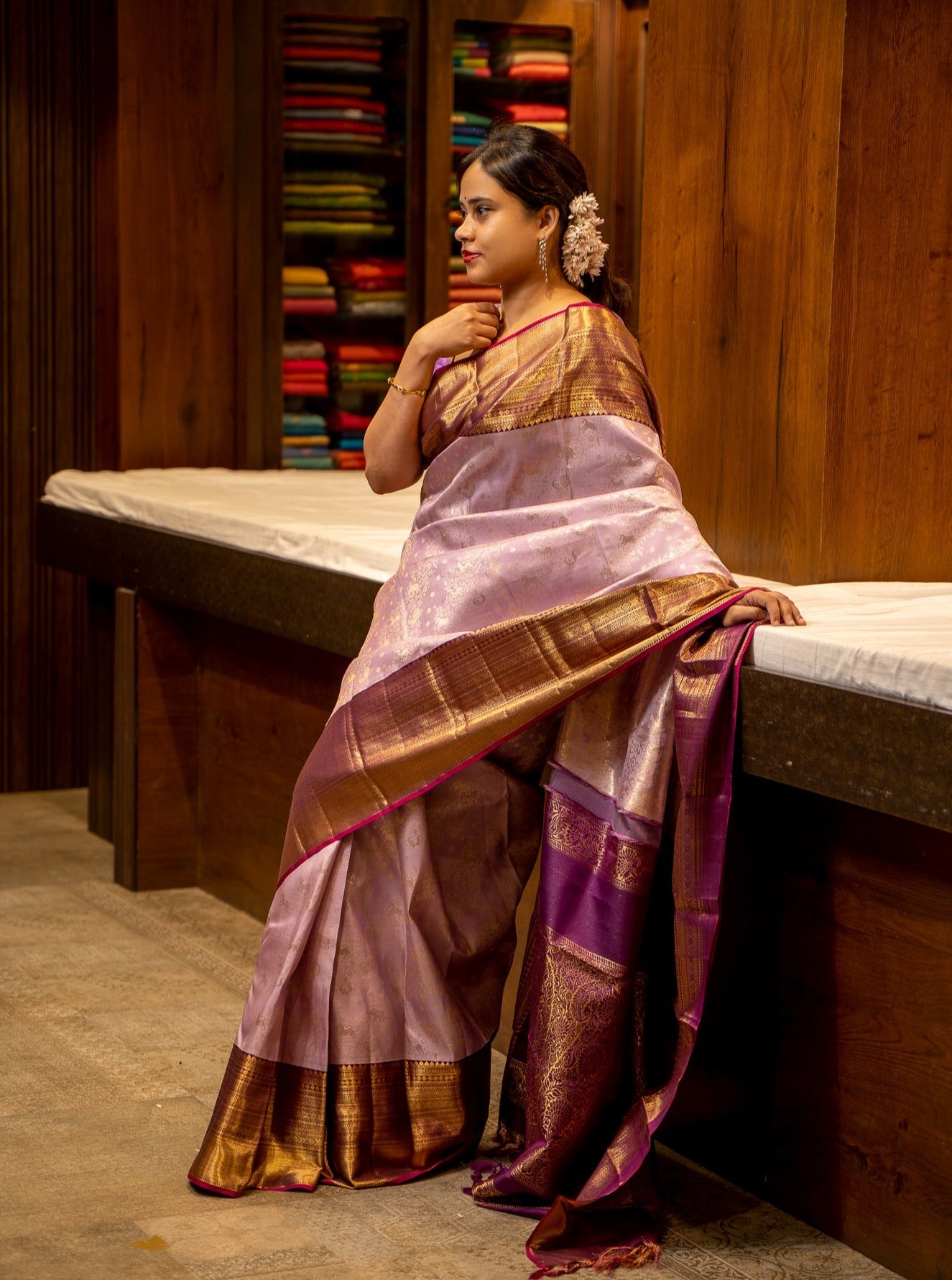 Periwinkle Purple Vanasingaram Brocade Pure Zari Kanjivaram Silk Sari - Clio Silks