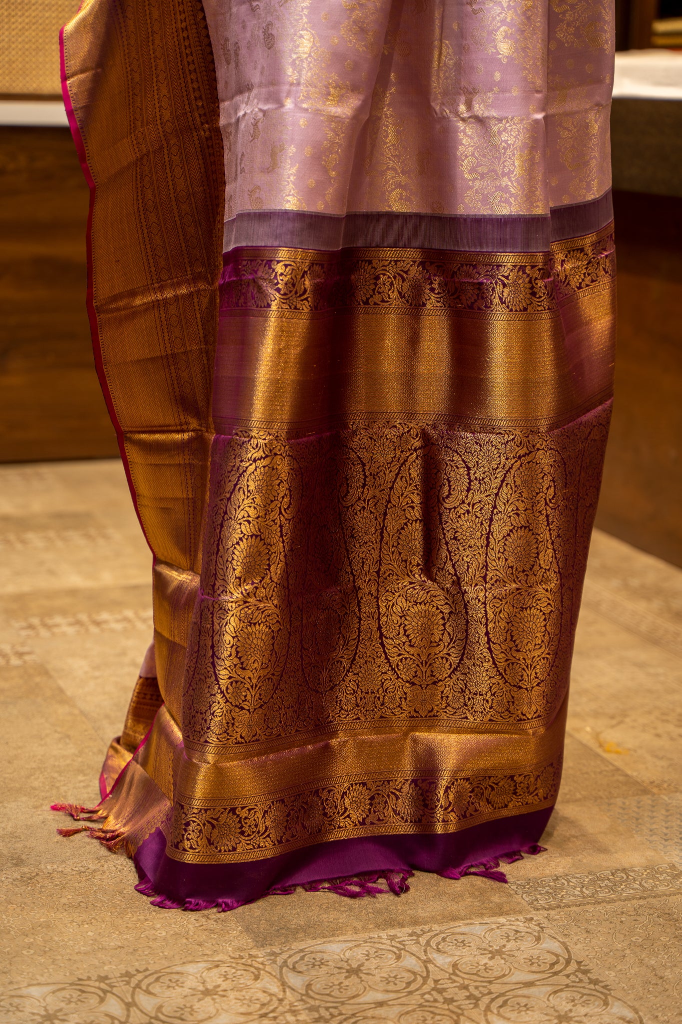 Periwinkle Purple Vanasingaram Brocade Pure Zari Kanjivaram Silk Sari - Clio Silks