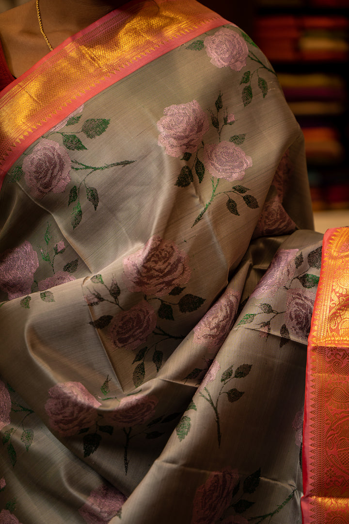 Grey and Rose Floral Woven Kanjivaram Silk Sari - Clio Silks