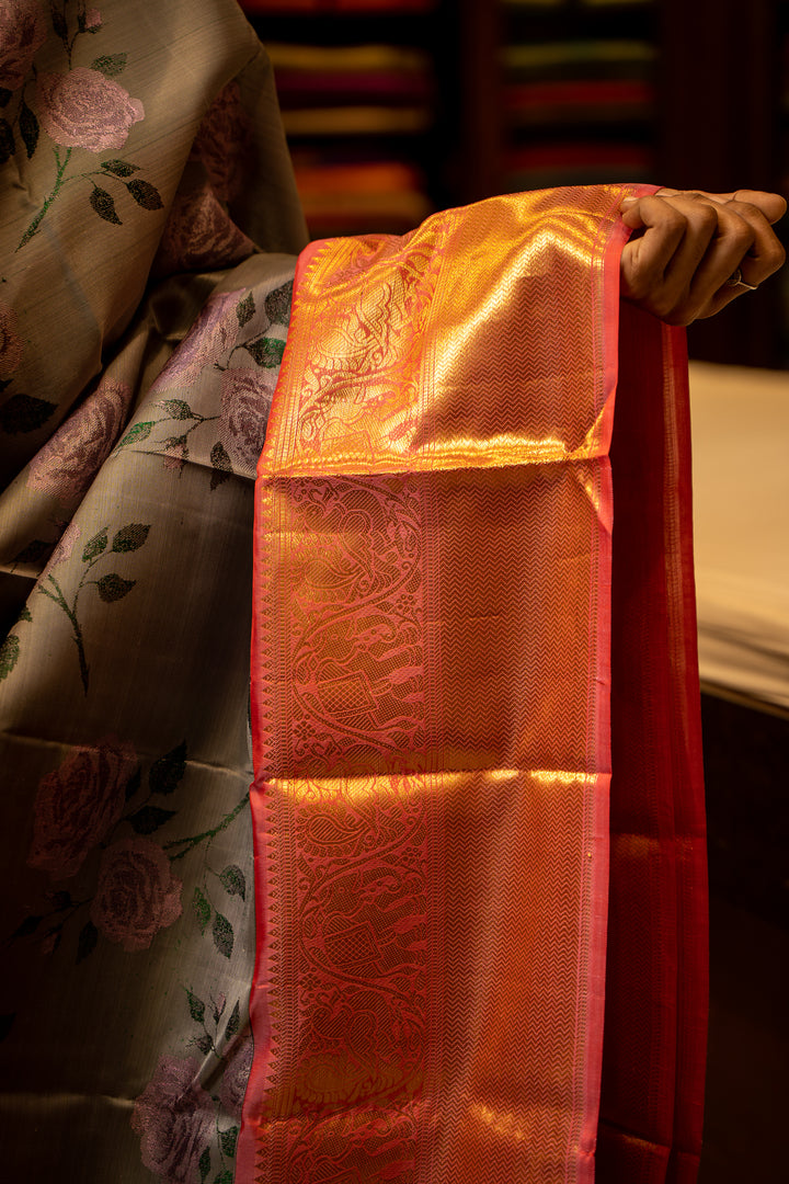 Grey and Rose Floral Woven Kanjivaram Silk Sari - Clio Silks