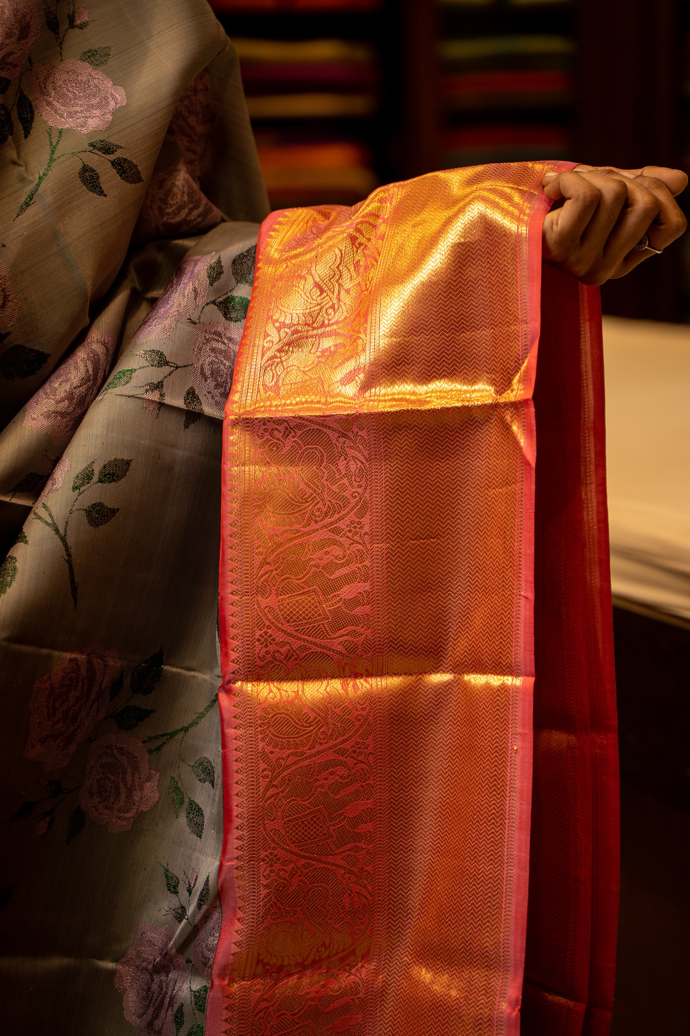 Grey and Rose Floral Woven Kanjivaram Silk Sari - Clio Silks