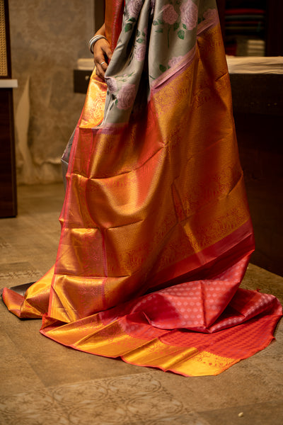 Grey and Rose Floral Woven Kanjivaram Silk Sari - Clio Silks
