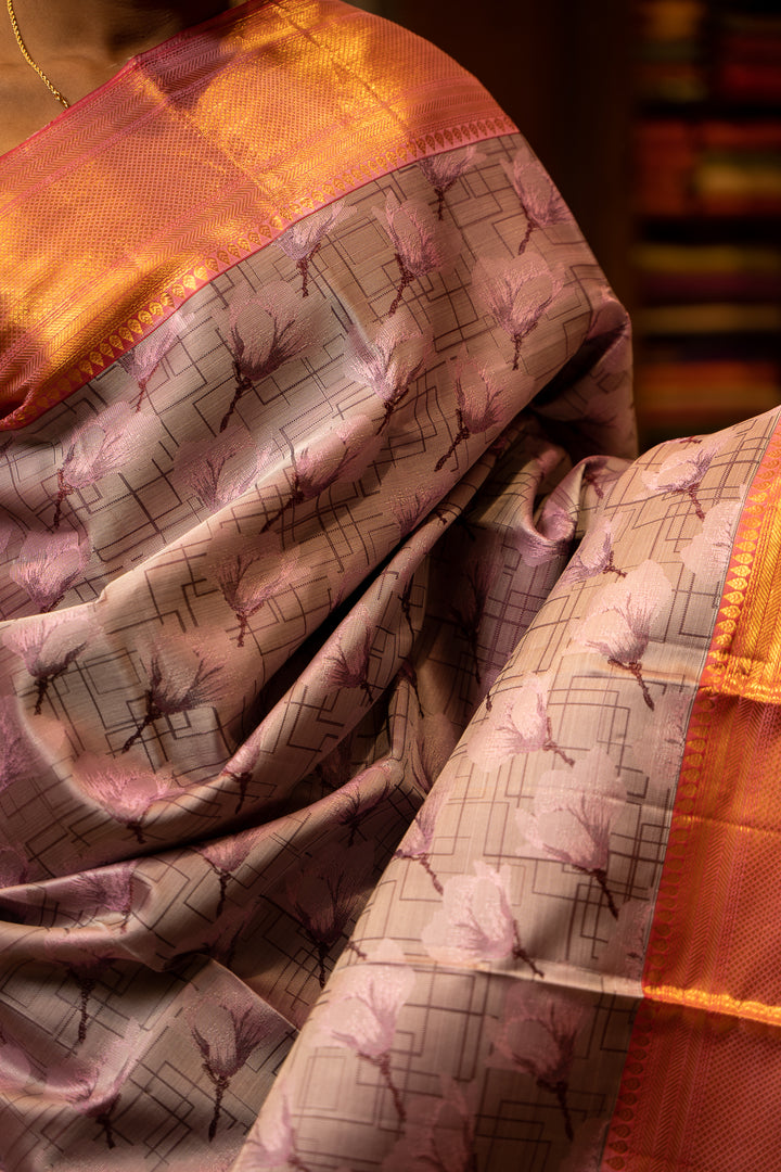 Lavender Tulip Floral Checks Woven Pure Kanjivaram Silk Sari - Clio Silks