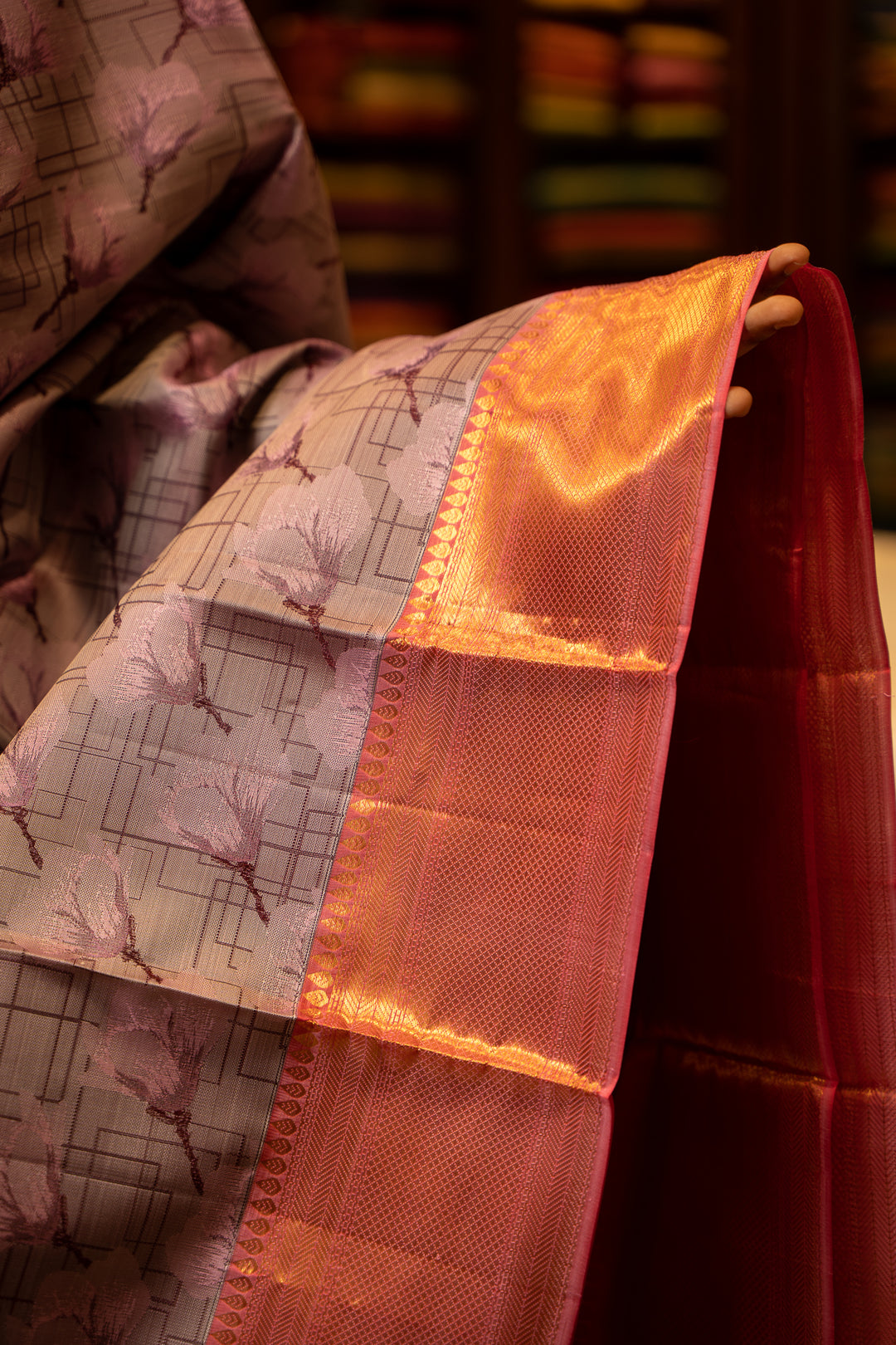 Lavender Tulip Floral Checks Woven Pure Kanjivaram Silk Sari - Clio Silks
