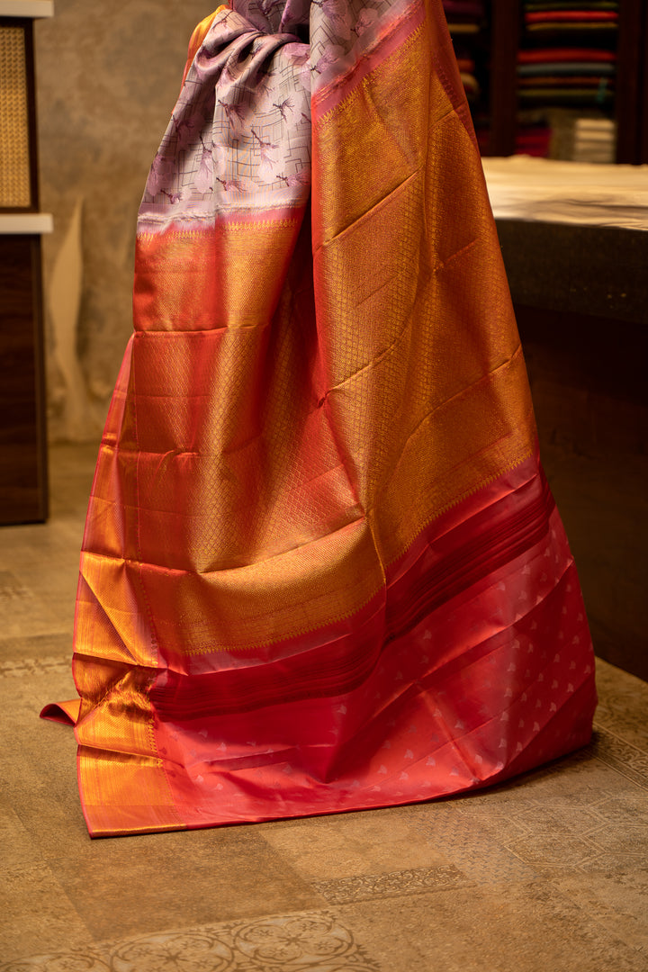 Lavender Tulip Floral Checks Woven Pure Kanjivaram Silk Sari - Clio Silks
