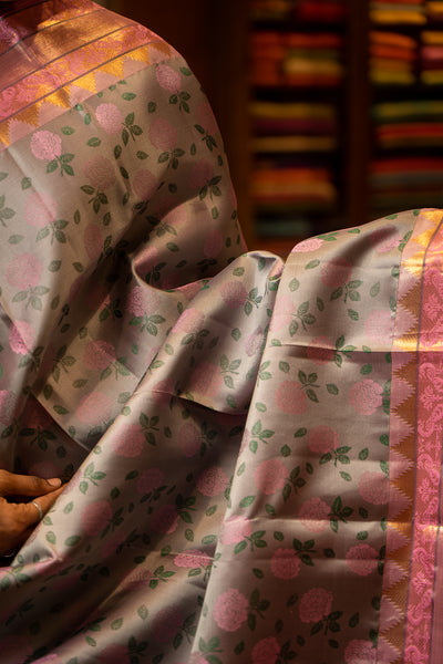 Grey and Rose Pink Floral Weaved Pure Kanchipuram Silk Sari - Clio Silks