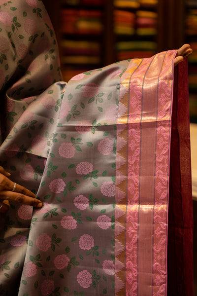Grey and Rose Pink Floral Weaved Pure Kanchipuram Silk Sari - Clio Silks