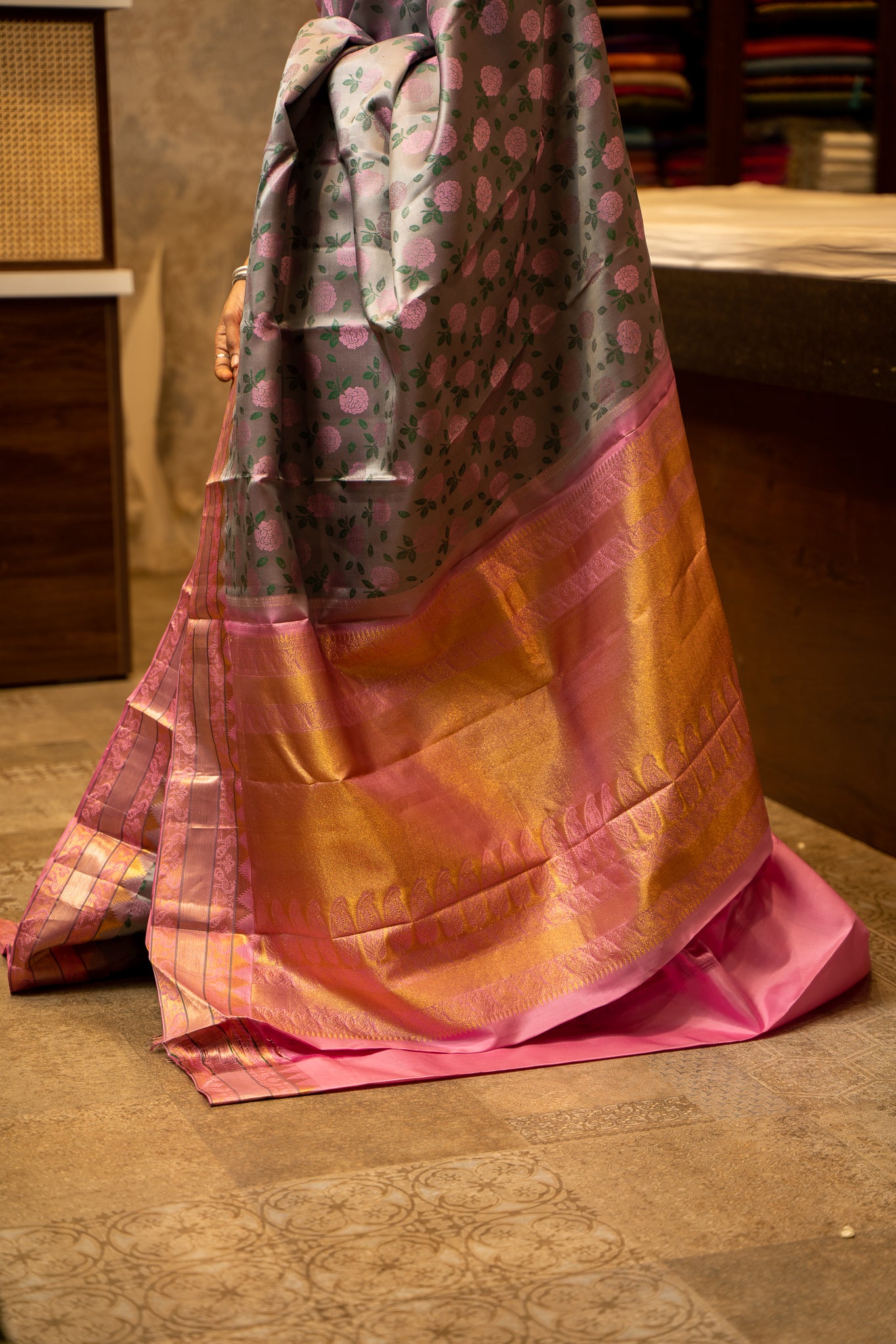 Grey and Rose Pink Floral Weaved Pure Kanchipuram Silk Sari - Clio Silks