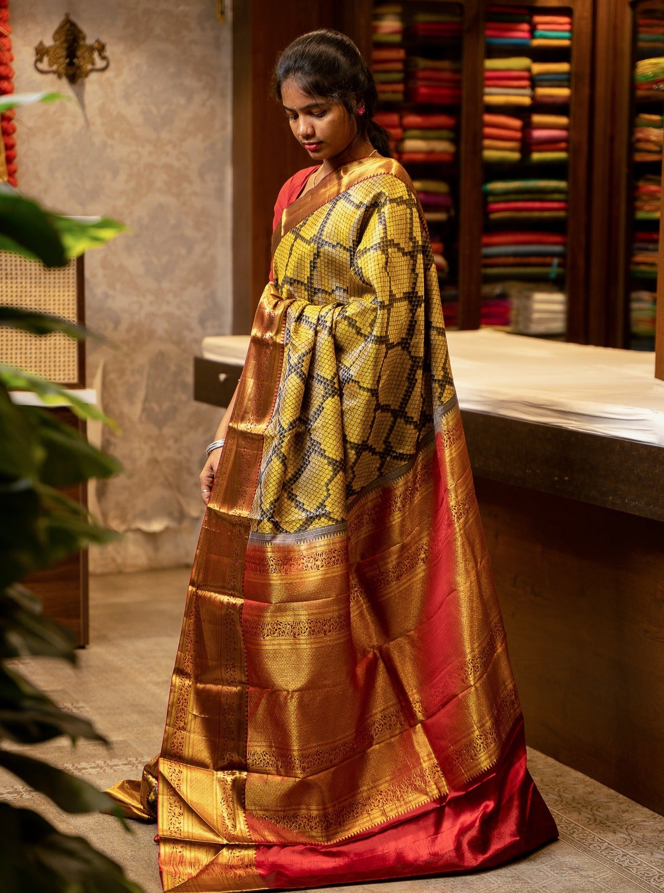 Yellow and Grey Woven Kanjivaram Silk Sari - Clio Silks