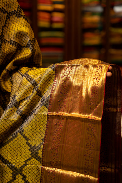 Yellow and Grey Woven Kanjivaram Silk Sari - Clio Silks