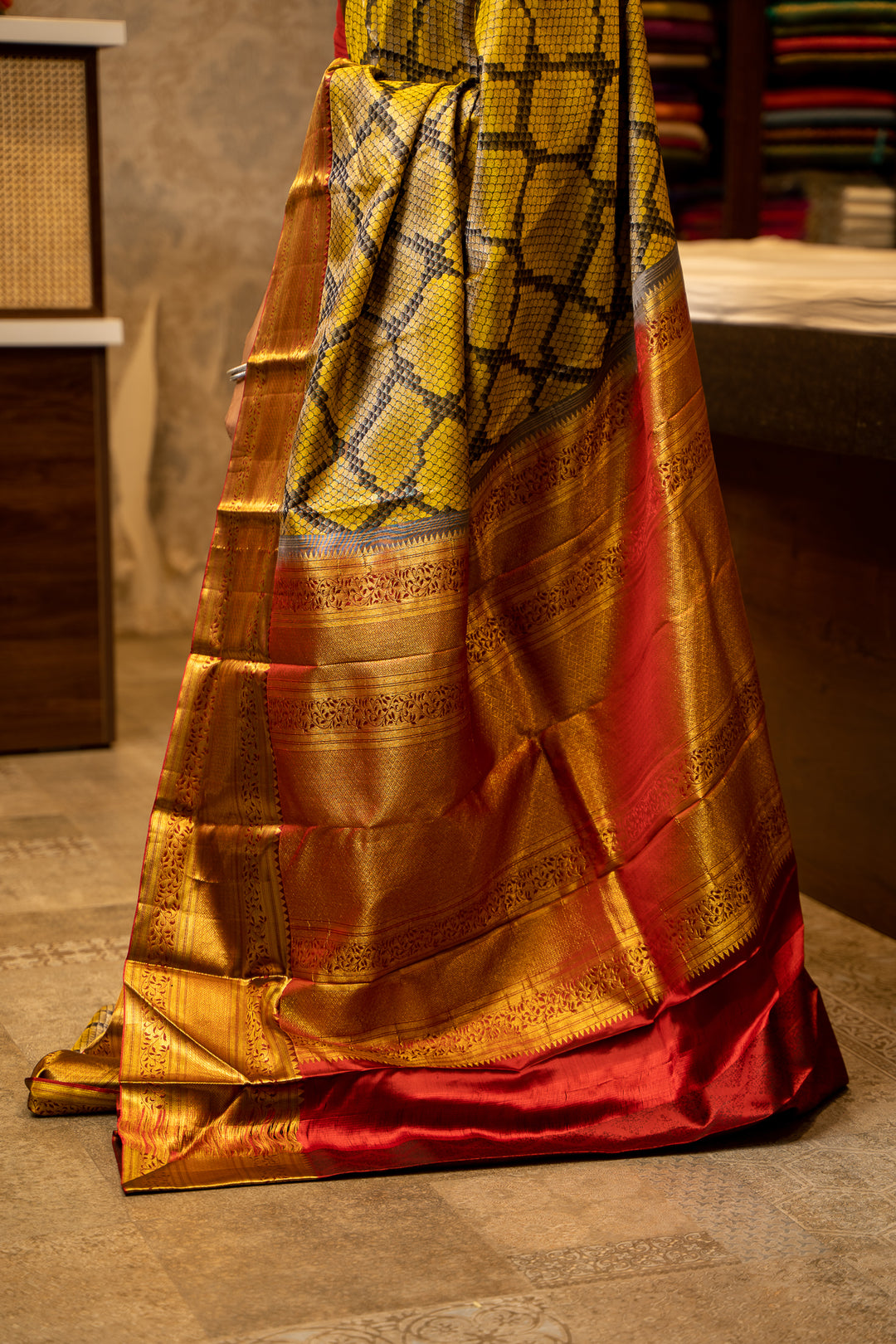 Yellow and Grey Woven Kanjivaram Silk Sari - Clio Silks