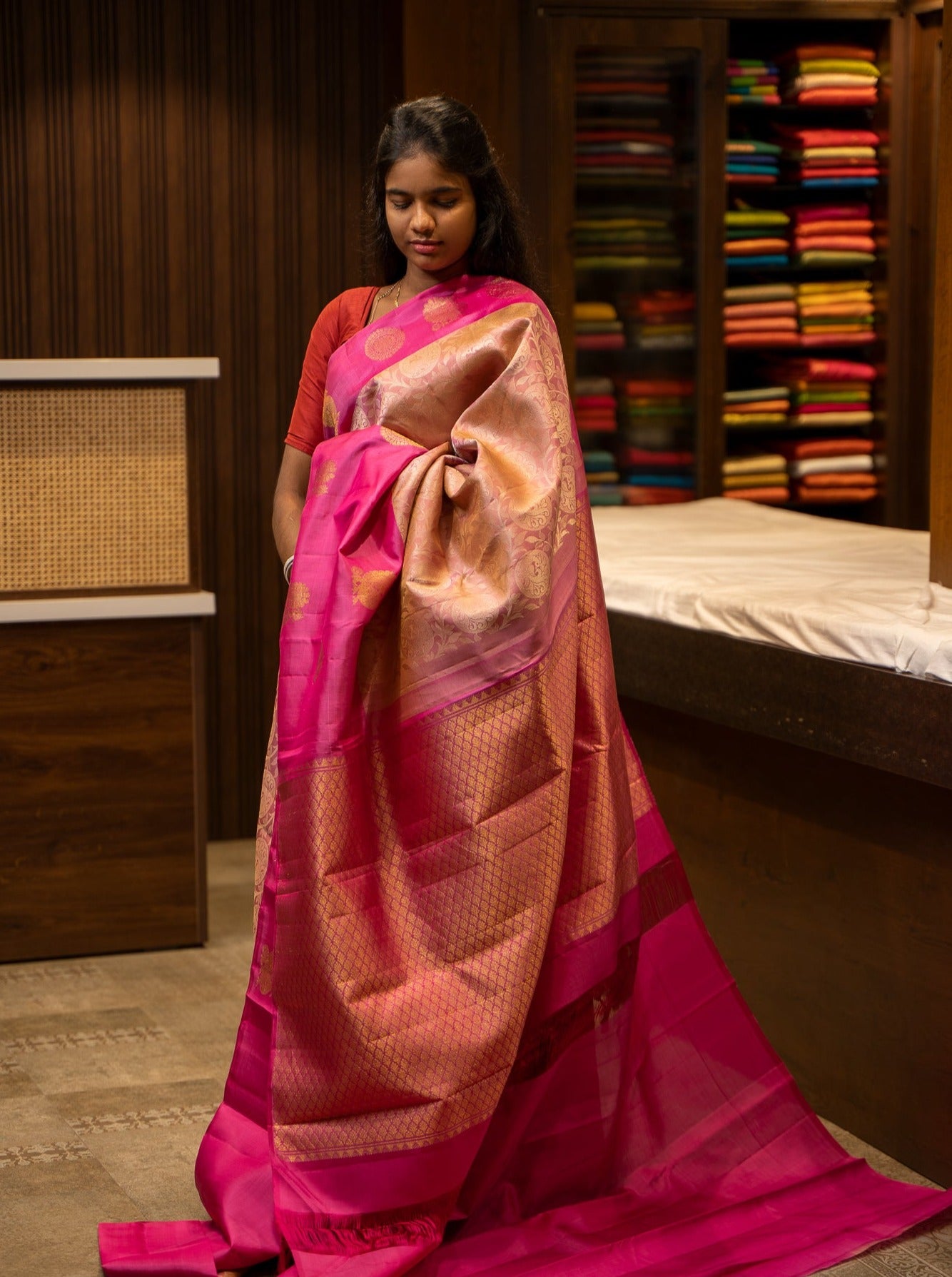 Baby Pink Floral Jacquard Pure Kanjivaram Silk Sari - Clio Silks