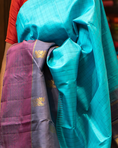 Sky Blue and Purple Korvai Kanjivaram Silk Sari - Clio Silks