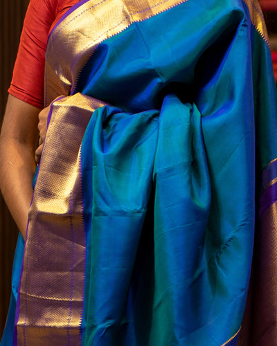 Peacock Blue Bavinchy Plain Kanjivaram Silk Sari - Clio Silks