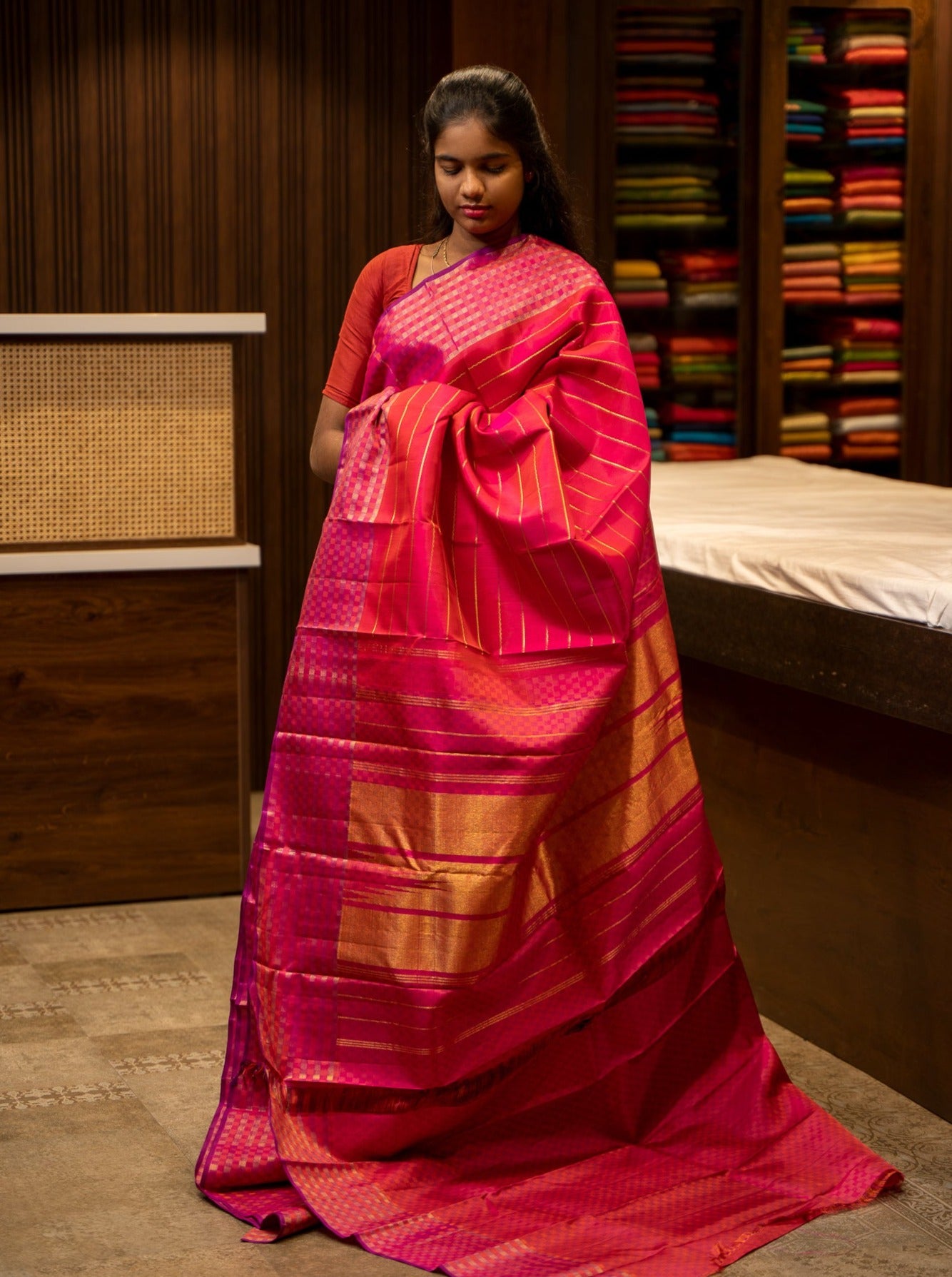 Peach Pink Neli Stripes Pure Kanjivaram Silk Sari - Clio Silks