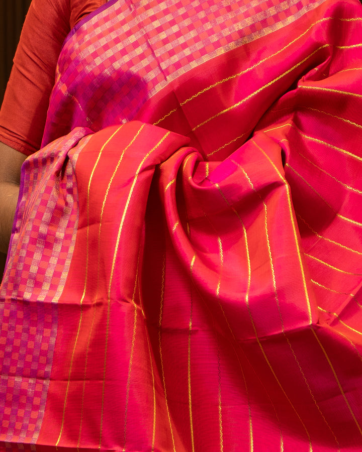 Peach Pink Neli Stripes Pure Kanjivaram Silk Sari - Clio Silks