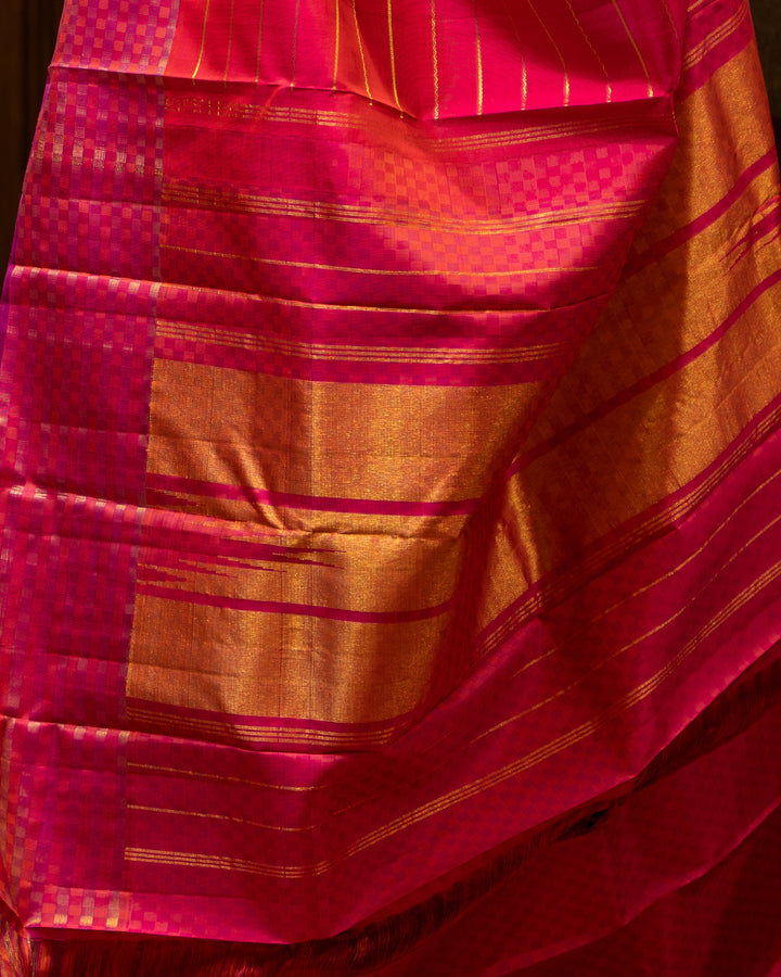 Peach Pink Neli Stripes Pure Kanjivaram Silk Sari - Clio Silks