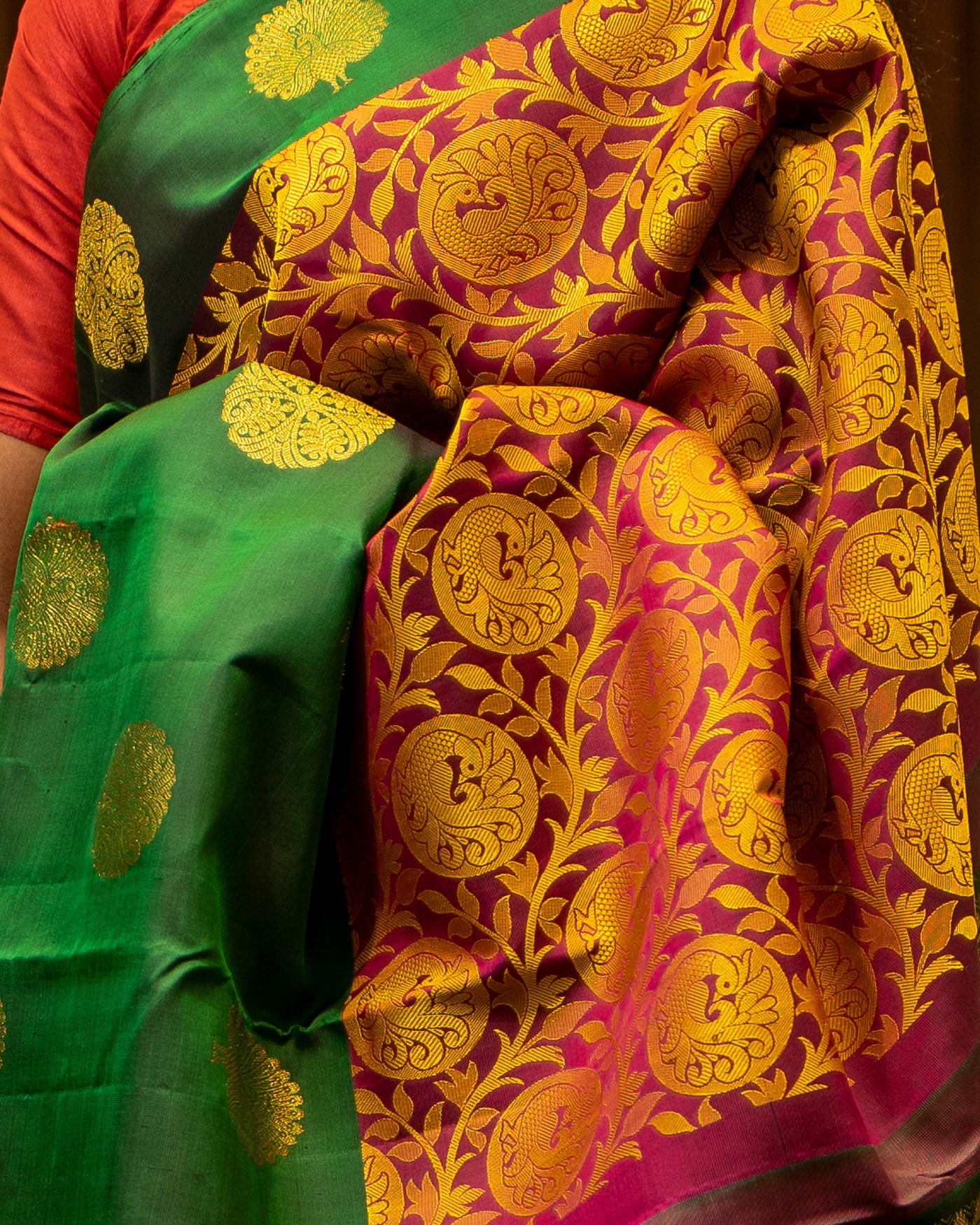 Magenta and Bottle Green jacquard Pure Kanjivaram Silk Sari - Clio Silks