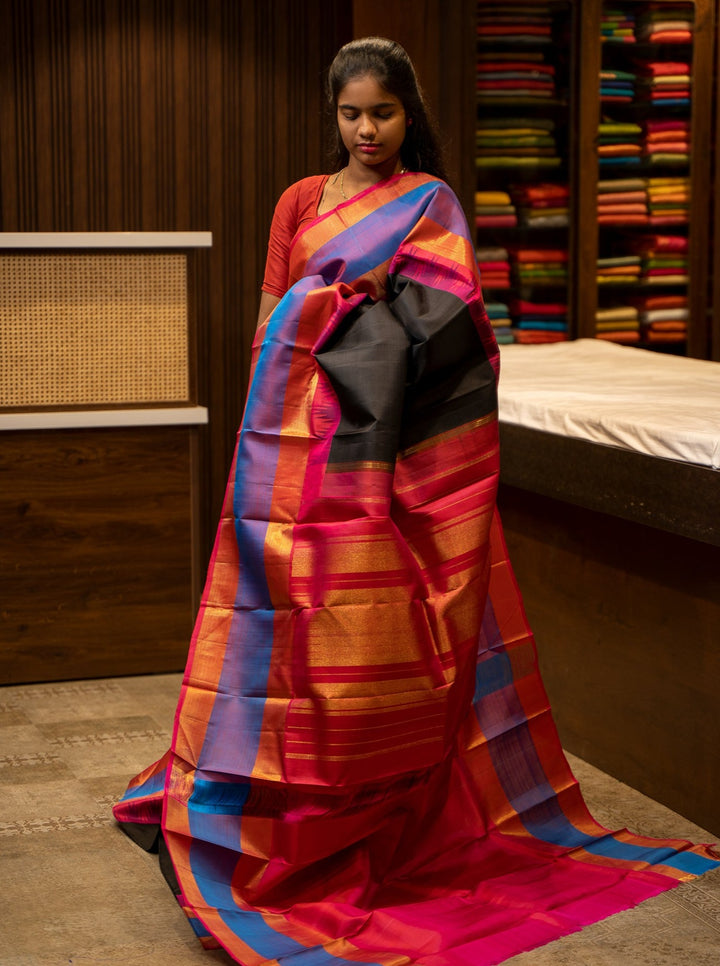 Black Mupagam Pink and Blue Pure Kanjivaram Silk Sari - Clio Silks