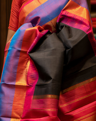 Black Mupagam Pink and Blue Pure Kanjivaram Silk Sari - Clio Silks