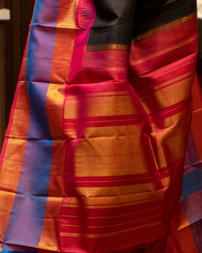 Black Mupagam Pink and Blue Pure Kanjivaram Silk Sari - Clio Silks