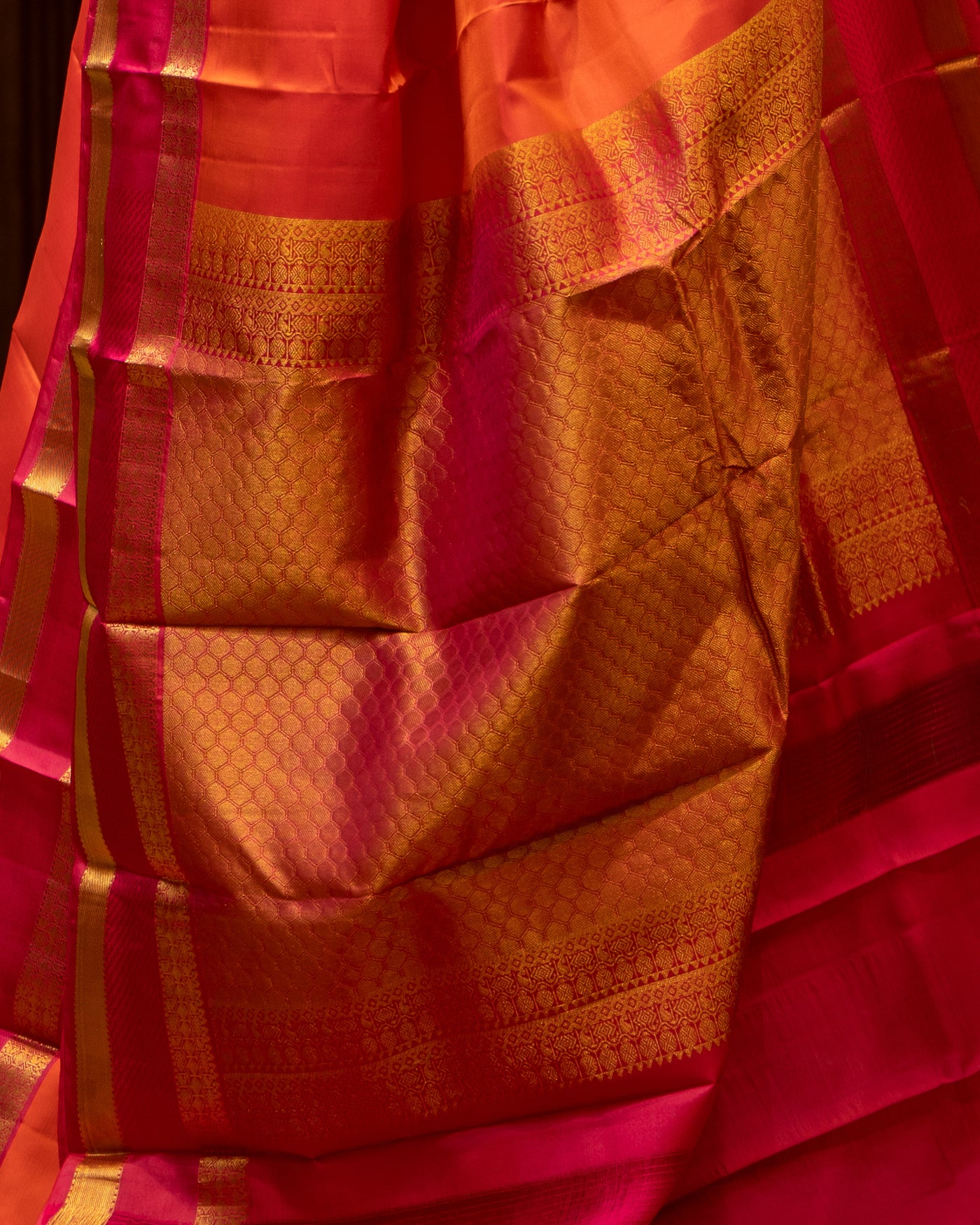 Peach Orange and Magenta Rettai Pettu Pure Kanjivaram Silk Sari - Clio Silks