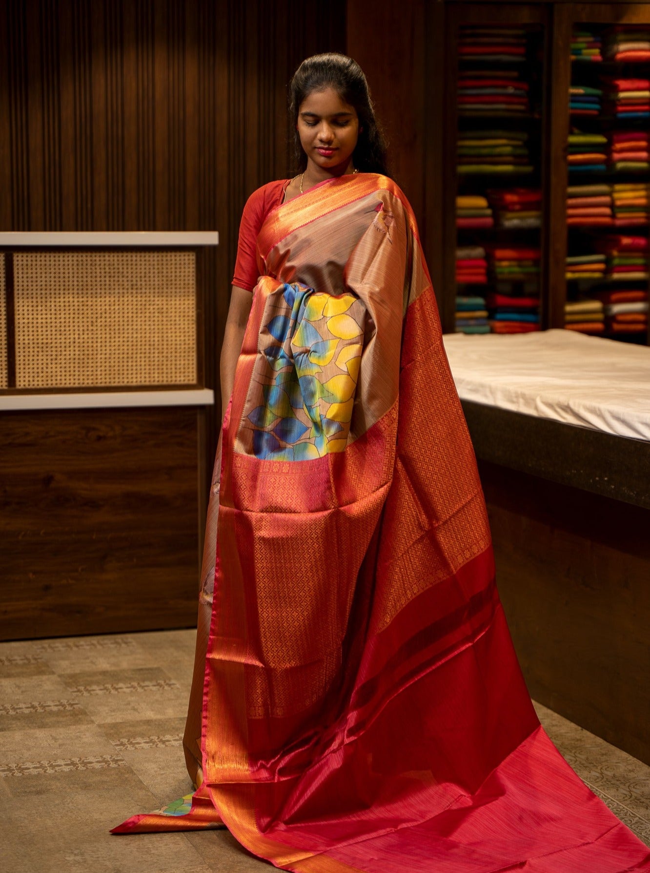Beige Kalamkari Printed Silk Sari - Clio Silks