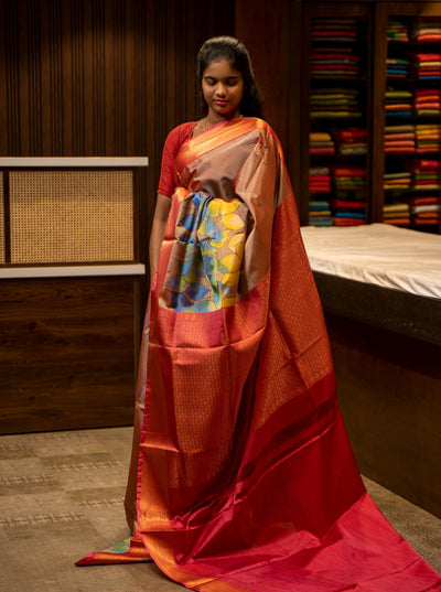 Beige Kalamkari Printed Silk Sari - Clio Silks