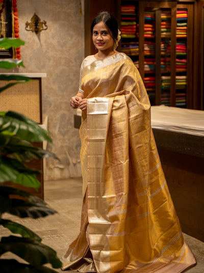 Champagne Gold and Silver Brocade Pure Kanjivaram Silk Sari - Clio Silks