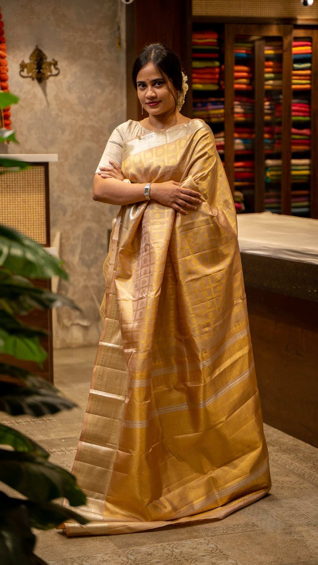 Champagne Gold and Silver Brocade Pure Kanjivaram Silk Sari - Clio Silks