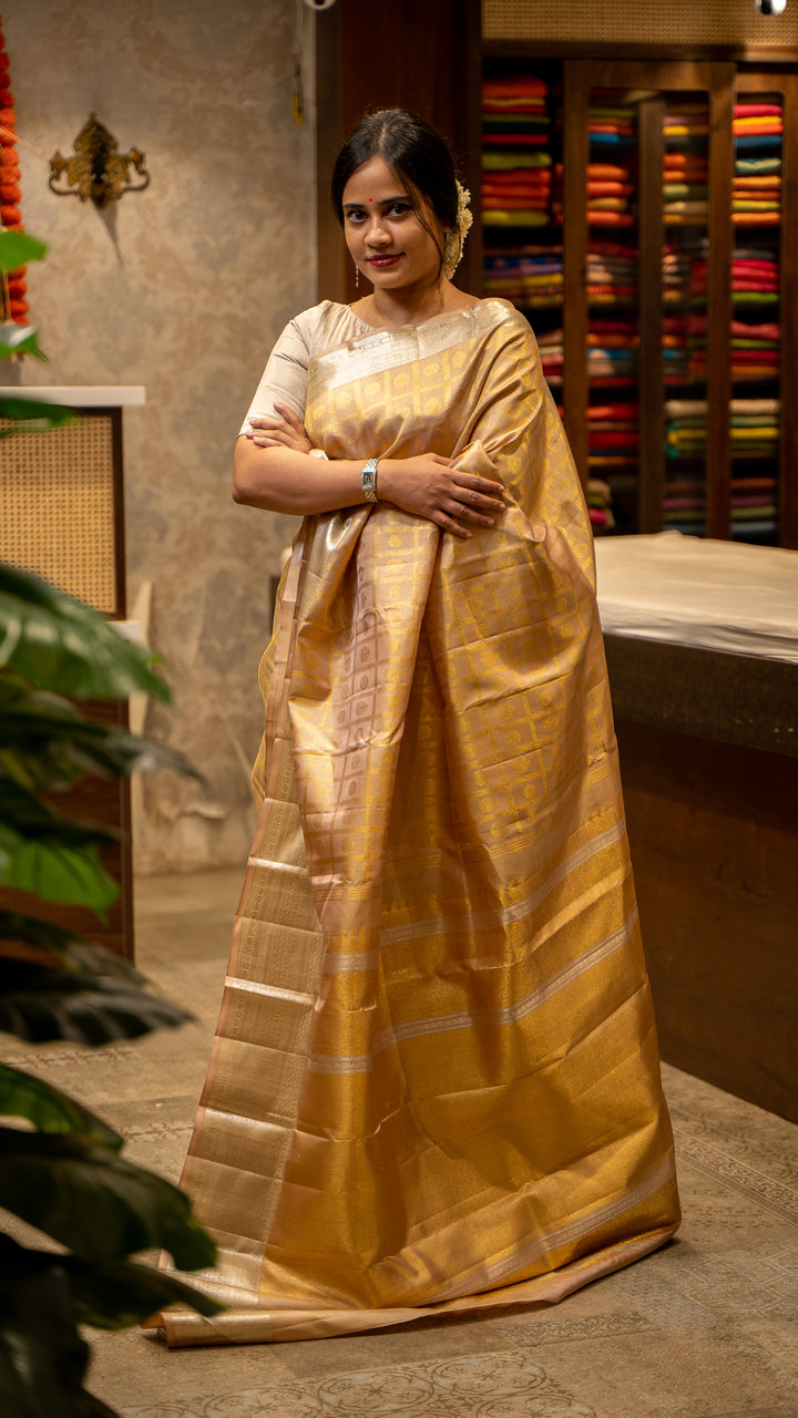 Champagne Gold and Silver Brocade Pure Kanjivaram Silk Sari - Clio Silks