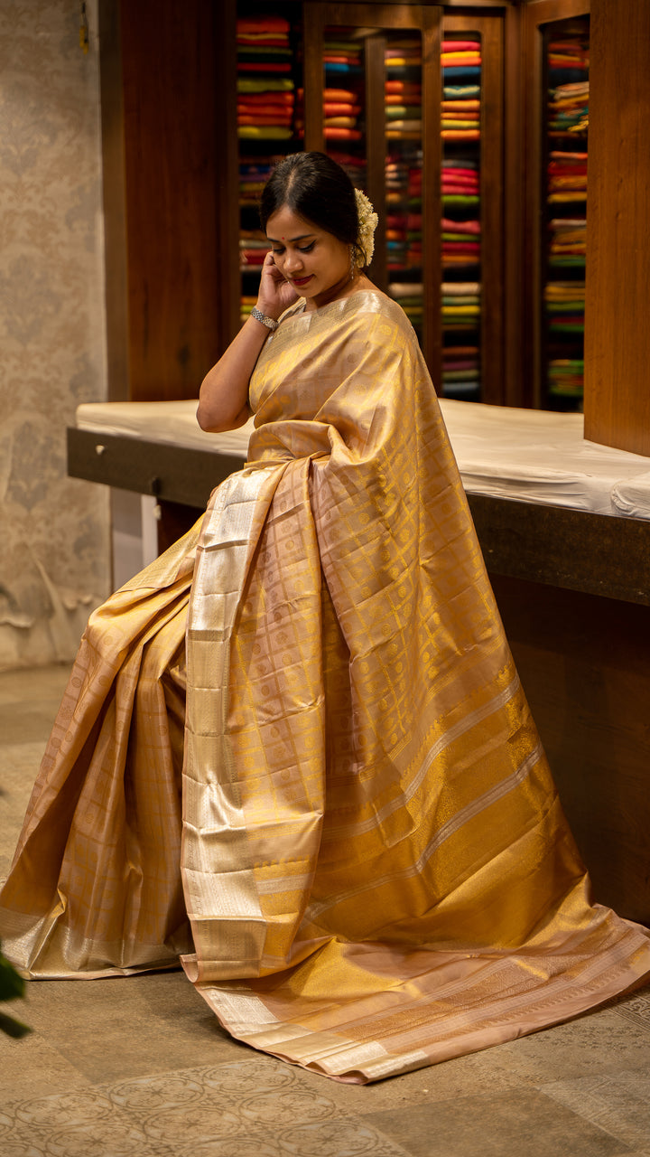 Champagne Gold and Silver Brocade Pure Kanjivaram Silk Sari - Clio Silks