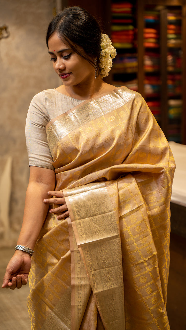 Champagne Gold and Silver Brocade Pure Kanjivaram Silk Sari - Clio Silks