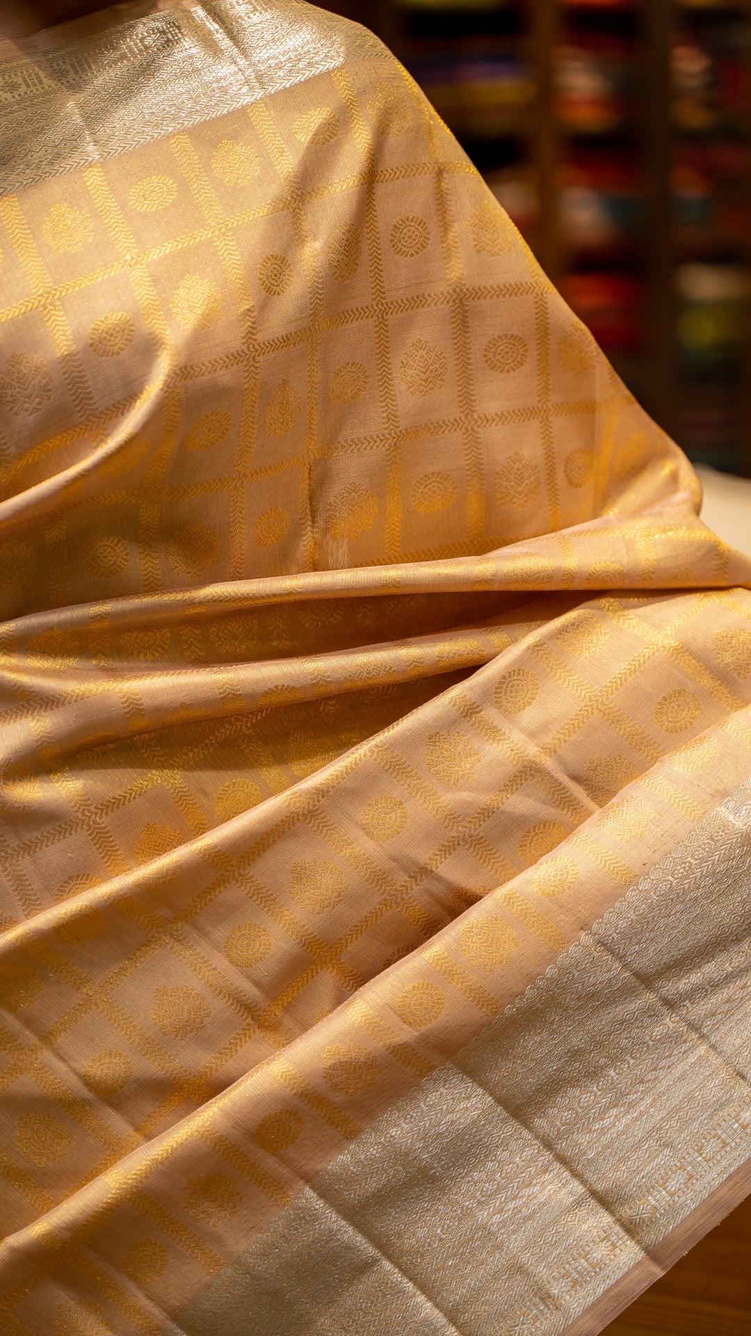 Champagne Gold and Silver Brocade Pure Kanjivaram Silk Sari - Clio Silks