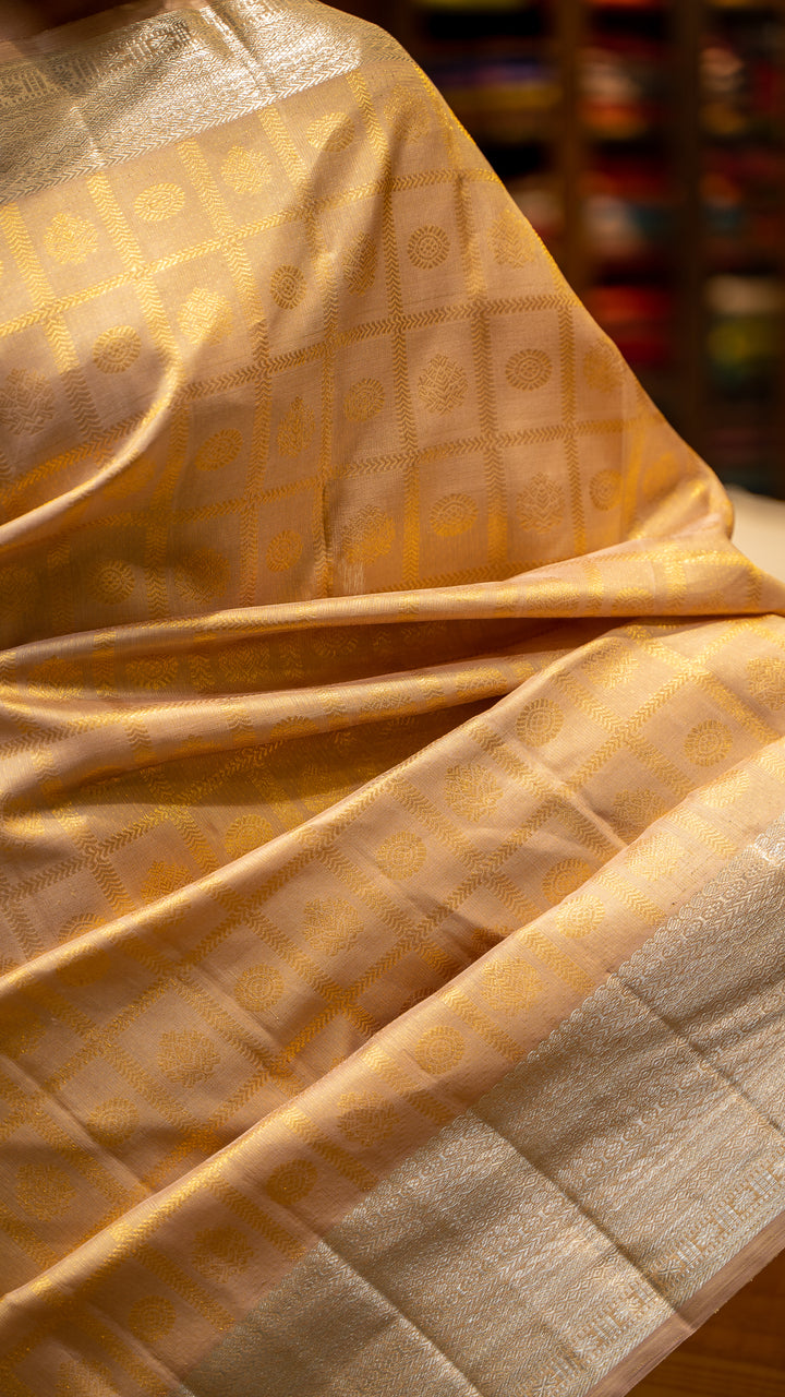 Champagne Gold and Silver Brocade Pure Kanjivaram Silk Sari - Clio Silks