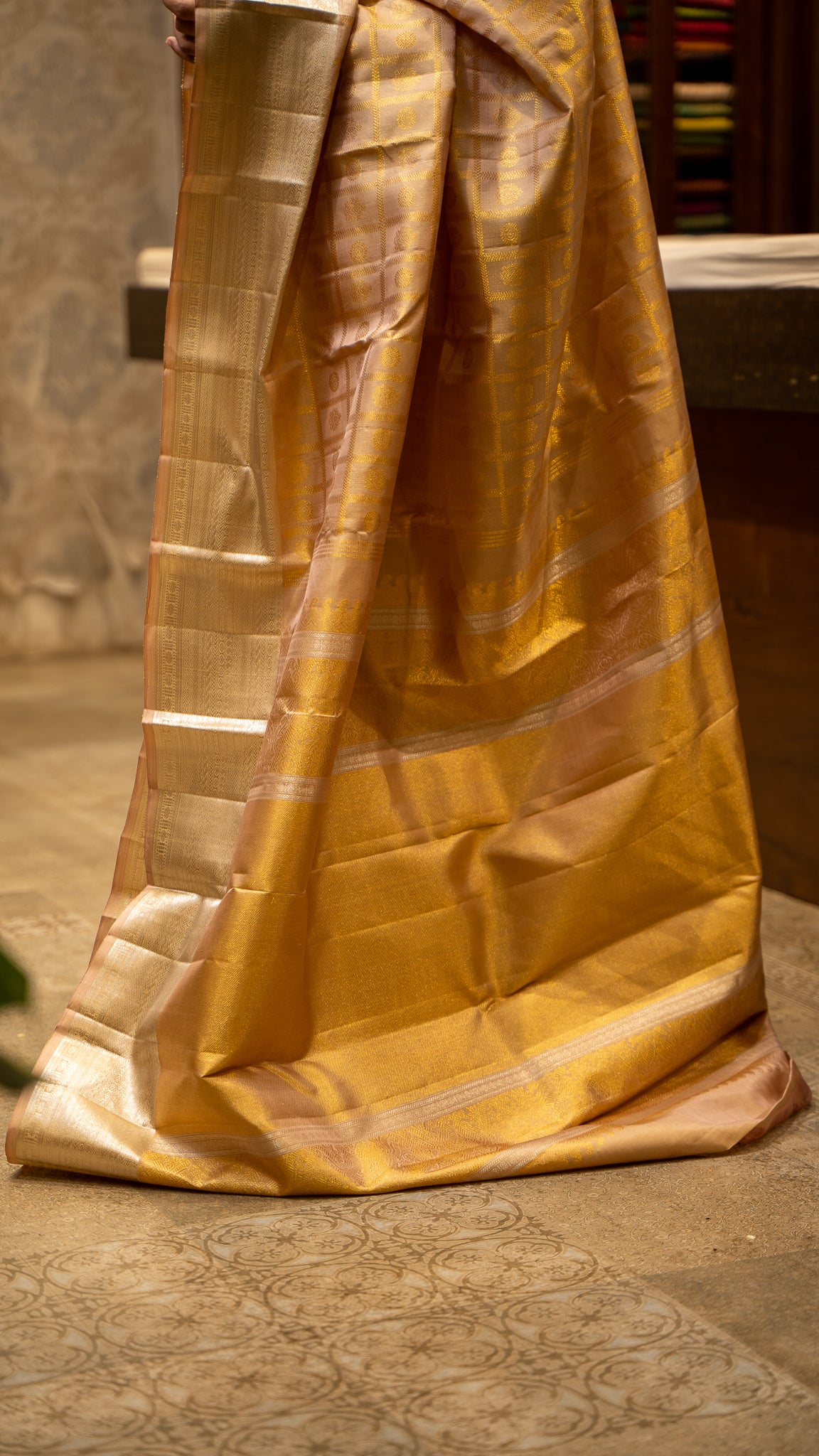 Champagne Gold and Silver Brocade Pure Kanjivaram Silk Sari - Clio Silks